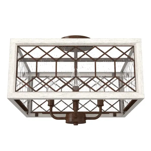 The Chevron semi-flush mount light brings a modern feel to the classic elegance of harmonious design. Its wood-inspired frame with glass and metal lattice detailing adds a hint of coziness to the traditional style and creates an inviting atmosphere. The Chevron collection is a charming addition to your space. Mix and match with other fixtures from this collection or from our ceiling fan designs. Rated for indoor use only Requires 4 E12 bulbs. Bulbs not included. MADE FOR INDOORS: For use in indoor spaces like kitchens, bedrooms, living rooms, dining rooms, and entryways. BULB RECOMMENDATION: Maximum 60 W per light bulb or equivalent LED bulb. Bulbs not included. PICTURED HERE: Match our image using B10 Candle light bulbs. FOR LOW CEILINGS: Fits close to the ceiling to optimize headspace and provide stylish lighting. WARRANTY: One-year limited warranty backed by the trusted experts at Hunter. - alternate view
