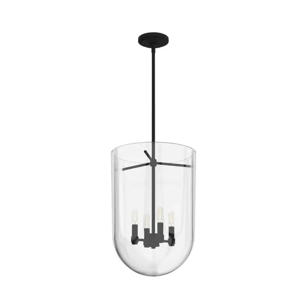 A twist on dramatic lighting. The Sacha pendant takes elements from cathedral-style lighting and adds its modern flair. With its glamorous clear glass and bold lines, this bell-shaped pendant adds a sophisticated element to your space. Whether it is standing on its own or used in pairs, the Sacha pendant makes an elegant statement. Mix and match with fans from our ceiling fan collections to fully finish your space. Rated for indoor use only Requires 4 E12 bulbs. Bulbs not included. MADE FOR INDOORS: For use in indoor spaces like kitchens, bedrooms, living rooms, dining rooms, and entryways. BULB RECOMMENDATION: Maximum 60 W per light bulb or equivalent LED bulb. Bulbs not included. PICTURED HERE: Match our image using T6 Tubular light bulbs. CUSTOMIZABLE HANGING OPTIONS: With the minimum required downrod, the hanging length is 26.25 inches. When using all of the included downrod, the maximum hanging length is 75.25 inches. WARRANTY: One-year limited warranty backed by the trusted experts at Hunter.