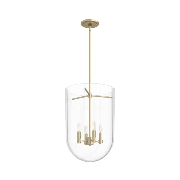 A twist on dramatic lighting. The Sacha pendant takes elements from cathedral-style lighting and adds its modern flair. With its glamorous clear glass and bold lines, this bell-shaped pendant adds a sophisticated element to your space. Whether it is standing on its own or used in pairs, the Sacha pendant makes an elegant statement. Mix and match with fans from our ceiling fan collections to fully finish your space. Rated for indoor use only Requires 4 E12 bulbs. Bulbs not included. MADE FOR INDOORS: For use in indoor spaces like kitchens, bedrooms, living rooms, dining rooms, and entryways. BULB RECOMMENDATION: Maximum 60 W per light bulb or equivalent LED bulb. Bulbs not included. PICTURED HERE: Match our image using T6 Tubular light bulbs. CUSTOMIZABLE HANGING OPTIONS: With the minimum required downrod, the hanging length is 26.25 inches. When using all of the included downrod, the maximum hanging length is 75.25 inches. WARRANTY: One-year limited warranty backed by the trusted experts at Hunter. - alternate view