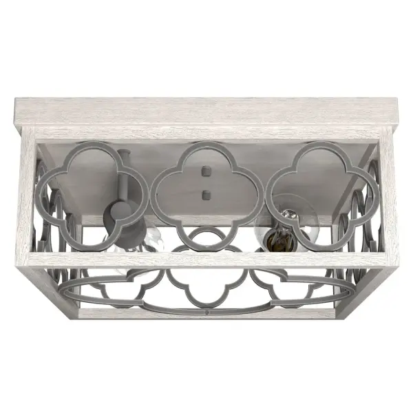 The Gablecrest distressed finish will be a jewel in your bathroom or foyer. The architectural details of the quatrefoil design will be the finishing touch on any modern farmhouse space. Brighten all your spaces with our Gablecrest collection. Rated for indoor spaces exposed to humidity Requires 2 E26 bulbs. Bulbs not included. INDOOR-DAMP RATED: For use in indoor spaces exposed to humidity like bathrooms and laundry rooms. BULB RECOMMENDATION: Maximum 60 W per light bulb or equivalent LED bulb. Bulbs not included. PICTURED HERE: Match our image using ST64 Edison light bulbs. FOR LOW CEILINGS: Fits close to the ceiling to optimize headspace and provide stylish lighting. WARRANTY: One-year limited warranty backed by the trusted experts at Hunter. - alternate view