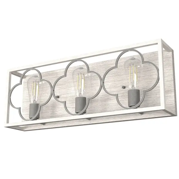 European influences. Artful architecture. There's something elegant yet authentic about the Gablecrest vanity's design that brings charm to any space. Its quatrefoil details soften up modern farmhouse spaces and emphasize the French Country style. With a damp rating, it's the perfect way to add style to your bathrooms. Mix and match with other fixtures from this collection or from our ceiling fan designs. Rated for indoor spaces exposed to humidity Requires 3 E26 bulbs. Bulbs not included. Mounts Up or Down INDOOR-DAMP RATED: For use in indoor spaces exposed to humidity like bathrooms and laundry rooms. BULB RECOMMENDATION: Maximum 60 W per light bulb or equivalent LED bulb. Bulbs not included. PICTURED HERE: Match our image using ST64 Edison light bulbs. WARRANTY: One-year limited warranty backed by the trusted experts at Hunter. - alternate view