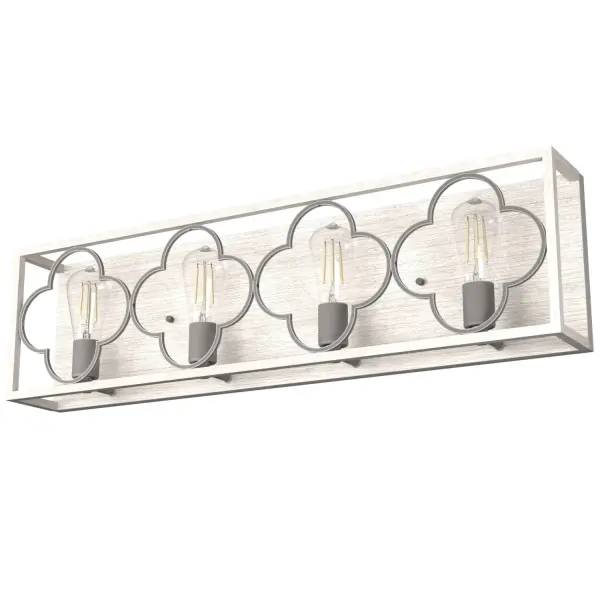 Ample opportunity for shining your light. Artistic details for days. Coupled with its damp rating, the Gablecrest vanity is the perfect light fixture for your bathrooms. Its distressed finishes and European design influences add to the authentic look of modern farmhouses and French Country style spaces. Mix and match with other fixtures from this collection or from our ceiling fan designs. Rated for indoor spaces exposed to humidity Requires 4 E26 bulbs. Bulbs not included. Mounts Up or Down INDOOR-DAMP RATED: For use in indoor spaces exposed to humidity like bathrooms and laundry rooms. BULB RECOMMENDATION: Maximum 60 W per light bulb or equivalent LED bulb. Bulbs not included. PICTURED HERE: Match our image using ST64 Edison light bulbs. WARRANTY: One-year limited warranty backed by the trusted experts at Hunter.