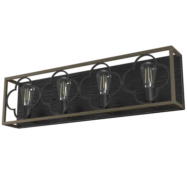 Ample opportunity for shining your light. Artistic details for days. Coupled with its damp rating, the Gablecrest vanity is the perfect light fixture for your bathrooms. Its distressed finishes and European design influences add to the authentic look of modern farmhouses and French Country style spaces. Mix and match with other fixtures from this collection or from our ceiling fan designs. Rated for indoor spaces exposed to humidity Requires 4 E26 bulbs. Bulbs not included. Mounts Up or Down INDOOR-DAMP RATED: For use in indoor spaces exposed to humidity like bathrooms and laundry rooms. BULB RECOMMENDATION: Maximum 60 W per light bulb or equivalent LED bulb. Bulbs not included. PICTURED HERE: Match our image using ST64 Edison light bulbs. WARRANTY: One-year limited warranty backed by the trusted experts at Hunter. - alternate view