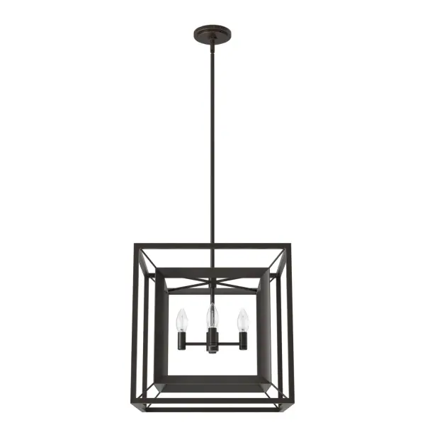 Brighten up your space with a warm glow with the Doherty lantern pendant. A mixture of modern elegance and casual comfort, The Doherty combines bold design, clean lines, and warm illumination of candle-like bulbs that appear to float. This elegant pendant will match seamlessly with your decor. Mix and match with other fixtures from this collection or from our ceiling fan designs. Rated for indoor use only Requires 4 E12 bulbs. Bulbs not included. MADE FOR INDOORS: For use in indoor spaces like kitchens, bedrooms, living rooms, dining rooms, and entryways. BULB RECOMMENDATION: Maximum 60 W per light bulb or equivalent LED bulb. Bulbs not included. PICTURED HERE: Match our image using B10 Candle light bulbs. CUSTOMIZABLE HANGING OPTIONS: With the minimum required downrod, the hanging length is 27 inches. When using all of the included downrod, the maximum hanging length is 73.5 inches. WARRANTY: One-year limited warranty backed by the trusted experts at Hunter.