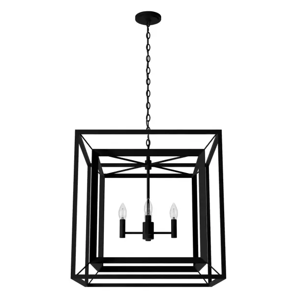 A striking statement piece that draws the eye up in living rooms with taller ceilings, the Doherty lantern pendant will bring a modern aesthetic to your space while giving a focal point to your ceiling height. An elegant pendant with a clean, geometric design, the Doherty incorporates the modern aesthetic into a functional fixture. Install two over a long table or island for even more visual impact. Rated for indoor use only Requires 4 E12 bulbs. Bulbs not included. MADE FOR INDOORS: For use in indoor spaces like kitchens, bedrooms, living rooms, dining rooms, and entryways. BULB RECOMMENDATION: Maximum 60 W per light bulb or equivalent LED bulb. Bulbs not included. PICTURED HERE: Match our image using B10 Candle light bulbs. CUSTOMIZABLE HANGING OPTIONS: With the minimum required chain, the hanging length is 28 inches. When using all of the included chain, the maximum hanging length is 100 inches. WARRANTY: One-year limited warranty backed by the trusted experts at Hunter.