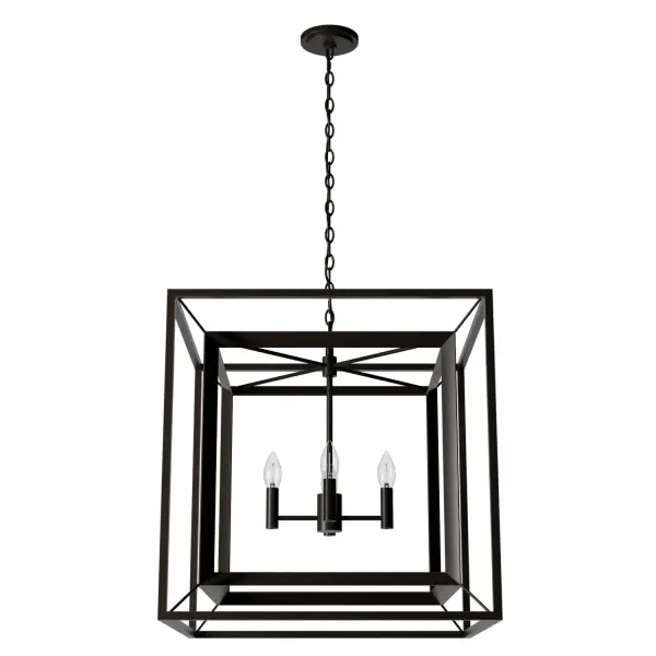 A striking statement piece that draws the eye up in living rooms with taller ceilings, the Doherty lantern pendant will bring a modern aesthetic to your space while giving a focal point to your ceiling height. An elegant pendant with a clean, geometric design, the Doherty incorporates the modern aesthetic into a functional fixture. Install two over a long table or island for even more visual impact. Rated for indoor use only Requires 4 E12 bulbs. Bulbs not included. MADE FOR INDOORS: For use in indoor spaces like kitchens, bedrooms, living rooms, dining rooms, and entryways. BULB RECOMMENDATION: Maximum 60 W per light bulb or equivalent LED bulb. Bulbs not included. PICTURED HERE: Match our image using B10 Candle light bulbs. CUSTOMIZABLE HANGING OPTIONS: With the minimum required chain, the hanging length is 28 inches. When using all of the included chain, the maximum hanging length is 100 inches. WARRANTY: One-year limited warranty backed by the trusted experts at Hunter. - alternate view