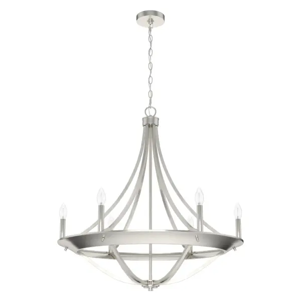 Be transported to a mountain resort with the Perch Point chandelier. The elegant curve of the metal into a basket shape will feature glowing candle-like lights that will make you feel like you're on vacation every time you turn it on. Add sconces and other fixtures from the Perch Point collection for a truly modern and rustic feeling throughout your home. Rated for indoor use only Requires 6 E12 bulbs. Bulbs not included. MADE FOR INDOORS: For use in indoor spaces like kitchens, bedrooms, living rooms, dining rooms, and entryways. BULB RECOMMENDATION: Maximum 60 W per light bulb or equivalent LED bulb. Bulbs not included. PICTURED HERE: Match our image using B10 Candle light bulbs. CUSTOMIZABLE HANGING OPTIONS: With the minimum required chain, the hanging length is 34.75 inches. When using all of the included chain, the maximum hanging length is 108 inches. WARRANTY: One-year limited warranty backed by the trusted experts at Hunter.