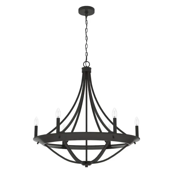 Be transported to a mountain resort with the Perch Point chandelier. The elegant curve of the metal into a basket shape will feature glowing candle-like lights that will make you feel like you're on vacation every time you turn it on. Add sconces and other fixtures from the Perch Point collection for a truly modern and rustic feeling throughout your home. Rated for indoor use only Requires 6 E12 bulbs. Bulbs not included. MADE FOR INDOORS: For use in indoor spaces like kitchens, bedrooms, living rooms, dining rooms, and entryways. BULB RECOMMENDATION: Maximum 60 W per light bulb or equivalent LED bulb. Bulbs not included. PICTURED HERE: Match our image using B10 Candle light bulbs. CUSTOMIZABLE HANGING OPTIONS: With the minimum required chain, the hanging length is 34.75 inches. When using all of the included chain, the maximum hanging length is 108 inches. WARRANTY: One-year limited warranty backed by the trusted experts at Hunter. - alternate view