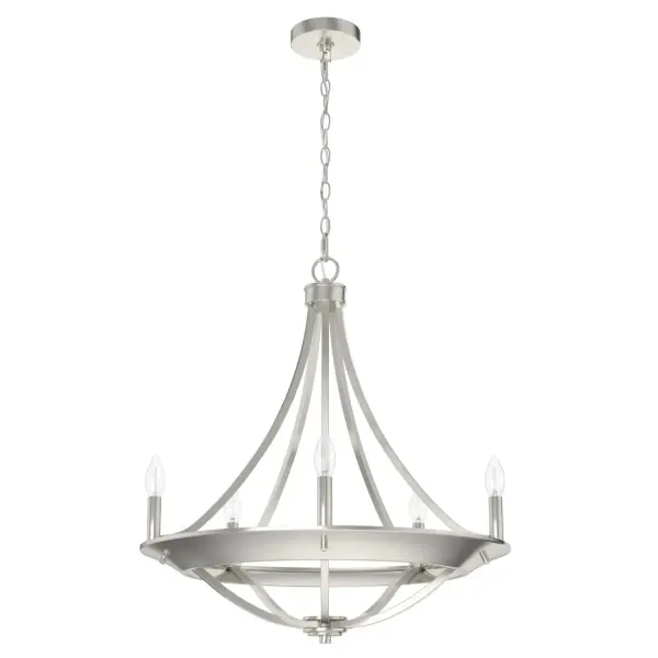 Need the beauty of an escape to the mountains? Create that feeling right at home with the Perch Point 5 light chandelier. The basket-shaped curve of the metal chandelier adds a modern, rustic touch that evokes the feeling of a weekend retreat at a ski resort. It will create an inviting ambiance in your living or dining room. Spread the elevated beauty of the Perch Point collection throughout your home. Rated for indoor use only Requires 5 E12 bulbs. Bulbs not included. WARRANTY: One-year limited warranty backed by the trusted experts at Hunter. MADE FOR INDOORS: For use in indoor spaces like kitchens, bedrooms, living rooms, dining rooms, and entryways. BULB RECOMMENDATION: Maximum 60 W per light bulb or equivalent LED bulb. Bulbs not included. PICTURED HERE: Match our image using B10 Candle light bulbs. CUSTOMIZABLE HANGING OPTIONS: With the minimum required chain, the hanging length is 29.75 inches. When using all of the included chain, the maximum hanging length is 103 inches. - alternate view