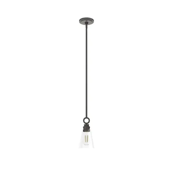 The Klein mini pendant is simple and stylish. The tapered glass shade is crowned with a lovely ring detail adding a touch of elegance to the modern design. One is lovely but three is better, over an island or a dining table, your setting will glow with style. Mix and match with other fixtures from this collection or from our ceiling fan designs. Rated for indoor use only Requires 1 E26 bulbs. Bulbs not included. MADE FOR INDOORS: For use in indoor spaces like kitchens, bedrooms, living rooms, dining rooms, and entryways. BULB RECOMMENDATION: Maximum 60 W per light bulb or equivalent LED bulb. Bulbs not included. PICTURED HERE: Match our image using ST64 Edison light bulbs. CUSTOMIZABLE HANGING OPTIONS: With the minimum required downrod, the hanging length is 19.25 inches. When using all of the included downrod, the maximum hanging length is 67.25 inches. WARRANTY: One-year limited warranty backed by the trusted experts at Hunter.