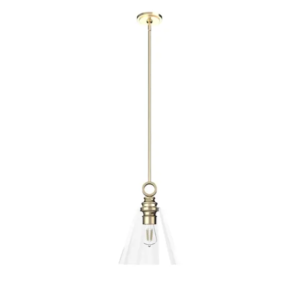 The Klein pendant combines modern simplicity with elegant details. The cone-shaped clear glass shade and decorative ring ornament create sophisticated ambient lighting, while the Alturas Gold finish adds warmth to any space.