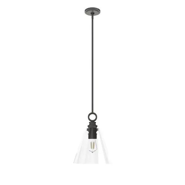Modern style with a touch of elegance, the Klein pendant is a picture of understated beauty. Suitable in the entry, dining room, or any entertaining space. The cone-shaped shade and ring ornament above the angular glass creates an exquisite ambiance in your space. Mix and match with other fixtures from this collection or from our ceiling fan designs. Rated for indoor use only Requires 1 E26 bulbs. Bulbs not included. MADE FOR INDOORS: For use in indoor spaces like kitchens, bedrooms, living rooms, dining rooms, and entryways. BULB RECOMMENDATION: Maximum 60 W per light bulb or equivalent LED bulb. Bulbs not included. PICTURED HERE: Match our image using ST64 Edison light bulbs. CUSTOMIZABLE HANGING OPTIONS: With the minimum required downrod, the hanging length is 25.25 inches. When using all of the included downrod, the maximum hanging length is 73.25 inches. WARRANTY: One-year limited warranty backed by the trusted experts at Hunter. - alternate view