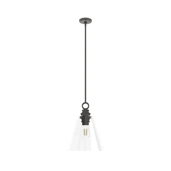 This modern take on art-deco elegance takes center stage with this 14-inch Klein pendant. The elegantly shaped glass shade is crowned with an ornamental ring. Your style will be in the spotlight with the Klein pendant. Rated for indoor use only Requires 1 E26 bulbs. Bulbs not included. MADE FOR INDOORS: For use in indoor spaces like kitchens, bedrooms, living rooms, dining rooms, and entryways. BULB RECOMMENDATION: Maximum 60 W per light bulb or equivalent LED bulb. Bulbs not included. PICTURED HERE: Match our image using ST64 Edison light bulbs. CUSTOMIZABLE HANGING OPTIONS: With the minimum required downrod, the hanging length is 28 inches. When using all of the included downrod, the maximum hanging length is 76 inches. WARRANTY: One-year limited warranty backed by the trusted experts at Hunter.