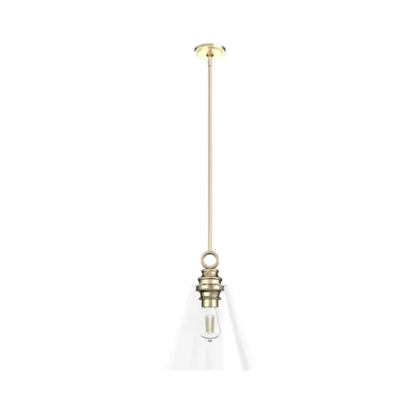 This modern take on art-deco elegance takes center stage with this 14-inch Klein pendant. The elegantly shaped glass shade is crowned with an ornamental ring. Your style will be in the spotlight with the Klein pendant. Rated for indoor use only Requires 1 E26 bulbs. Bulbs not included. MADE FOR INDOORS: For use in indoor spaces like kitchens, bedrooms, living rooms, dining rooms, and entryways. BULB RECOMMENDATION: Maximum 60 W per light bulb or equivalent LED bulb. Bulbs not included. PICTURED HERE: Match our image using ST64 Edison light bulbs. CUSTOMIZABLE HANGING OPTIONS: With the minimum required downrod, the hanging length is 28 inches. When using all of the included downrod, the maximum hanging length is 76 inches. WARRANTY: One-year limited warranty backed by the trusted experts at Hunter. - alternate view