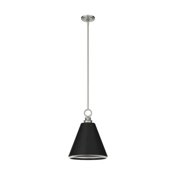 Suitable in any place where you entertain your guests will be 'wowed'. The Klein pendant makes a statement and creates a conversation at any party. The ring above the cone-shaped metal shade is the crowning piece of this sleek design. Make a modern statement with the Klein pendant light. Mix and match with other fixtures from this collection or from our ceiling fan designs. Rated for indoor use only Requires 1 E26 bulbs. Bulbs not included. MADE FOR INDOORS: For use in indoor spaces like kitchens, bedrooms, living rooms, dining rooms, and entryways. BULB RECOMMENDATION: Maximum 60 W per light bulb or equivalent LED bulb. Bulbs not included. PICTURED HERE: Match our image using ST64 Edison light bulbs. CUSTOMIZABLE HANGING OPTIONS: With the minimum required downrod, the hanging length is 26 inches. When using all of the included downrod, the maximum hanging length is 74 inches. WARRANTY: One-year limited warranty backed by the trusted experts at Hunter.