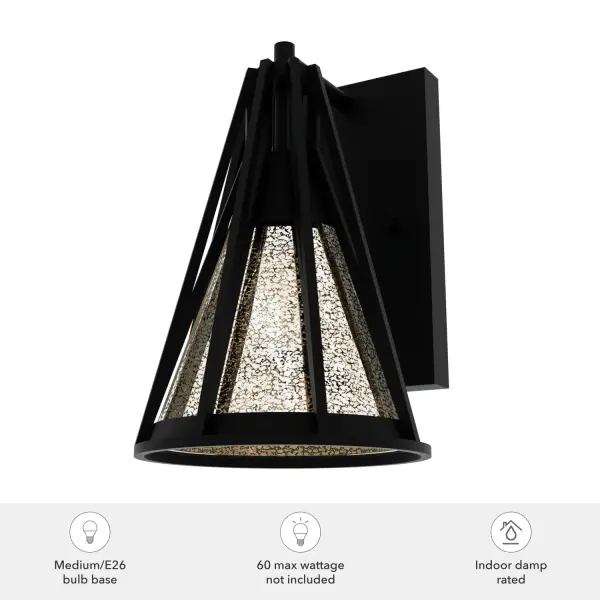 Add an accent to your art or decorative items with the Rafner sconce. It may be an attention grabber on its own, but it will put a spotlight where you need it. The sleek lines of the metal accents over mercury glass make this industrial sconce a main event. Hang more than one fixture from the Rafner collection for a truly dramatic effect. Rated for indoor spaces exposed to humidity Requires 1 E26 bulbs. Bulbs not included. Down Mount Only INDOOR-DAMP RATED: For use in indoor spaces exposed to humidity like bathrooms and laundry rooms. BULB RECOMMENDATION: Maximum W per light bulb or equivalent LED bulb. Bulbs not included. WARRANTY: One-year limited warranty backed by the trusted experts at Hunter. - alternate view