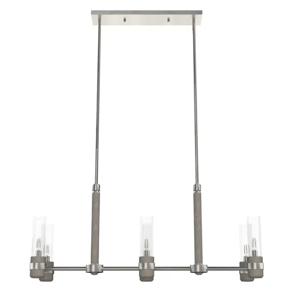 The River Mill 6 light linear chandelier has reinvented the look of lodge lighting! The simple scaled-down fixture incorporates rustic wood-inspired and metal elements and adds glass and sleek form for a modern edge on a classic style. Over your dining table, this fixture will cast a lovely glow that will make your guests feel at home. Add other lights from the River Mill collection to spread the charm and create a cohesive style. Rated for indoor use only Requires 6 E12 bulbs. Bulbs not included. MADE FOR INDOORS: For use in indoor spaces like kitchens, bedrooms, living rooms, dining rooms, and entryways. BULB RECOMMENDATION: Maximum 60 W per light bulb or equivalent LED bulb. Bulbs not included. PICTURED HERE: Match our image using T6 Tubular light bulbs. CUSTOMIZABLE HANGING OPTIONS: With the minimum required downrod, the hanging length is 23 inches. When using all of the included downrod, the maximum hanging length is 71 inches. WARRANTY: One-year limited warranty backed by the trusted experts at Hunter.