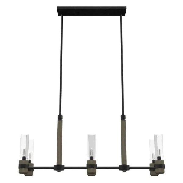 The River Mill 6 light linear chandelier has reinvented the look of lodge lighting! The simple scaled-down fixture incorporates rustic wood-inspired and metal elements and adds glass and sleek form for a modern edge on a classic style. Over your dining table, this fixture will cast a lovely glow that will make your guests feel at home. Add other lights from the River Mill collection to spread the charm and create a cohesive style. Rated for indoor use only Requires 6 E12 bulbs. Bulbs not included. MADE FOR INDOORS: For use in indoor spaces like kitchens, bedrooms, living rooms, dining rooms, and entryways. BULB RECOMMENDATION: Maximum 60 W per light bulb or equivalent LED bulb. Bulbs not included. PICTURED HERE: Match our image using T6 Tubular light bulbs. CUSTOMIZABLE HANGING OPTIONS: With the minimum required downrod, the hanging length is 23 inches. When using all of the included downrod, the maximum hanging length is 71 inches. WARRANTY: One-year limited warranty backed by the trusted experts at Hunter. - alternate view