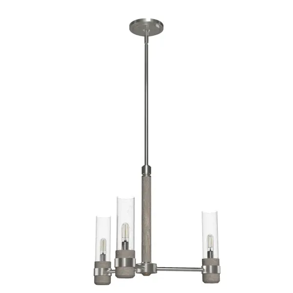Get back to basics with the River Mill chandelier. This light fixture blends wood-inspired elements, metal, and seeded glass, creating a calm aesthetic of a modern mountain lodge. Part rustic, part modern, this light will suit multiple spaces and various styles. Want a more cohesive look? Add lights from the River Mill collection for a relaxed, elegant style throughout your home. Rated for indoor use only Requires 3 E12 bulbs. Bulbs not included. MADE FOR INDOORS: For use in indoor spaces like kitchens, bedrooms, living rooms, dining rooms, and entryways. BULB RECOMMENDATION: Maximum 60 W per light bulb or equivalent LED bulb. Bulbs not included. PICTURED HERE: Match our image using T6 Tubular light bulbs. CUSTOMIZABLE HANGING OPTIONS: With the minimum required downrod, the hanging length is 25 inches. When using all of the included downrod, the maximum hanging length is 73 inches. WARRANTY: One-year limited warranty backed by the trusted experts at Hunter. - alternate view