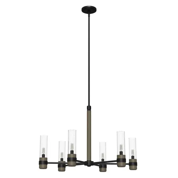 A classic is reimagined in the River Mill 6 light chandelier. With rustic charm and a modern edge, you will delight in the glow of this fixture. The balance of metal, seeded glass, and wood-inspired finishes harken to a modern mountain lodge. Spread the charm throughout your home with other lights from the River Mill collection. Rated for indoor use only Requires 6 E12 bulbs. Bulbs not included. MADE FOR INDOORS: For use in indoor spaces like kitchens, bedrooms, living rooms, dining rooms, and entryways. BULB RECOMMENDATION: Maximum 60 W per light bulb or equivalent LED bulb. Bulbs not included. PICTURED HERE: Match our image using T6 Tubular light bulbs. CUSTOMIZABLE HANGING OPTIONS: With the minimum required downrod, the hanging length is 28.75 inches. When using all of the included downrod, the maximum hanging length is 76.75 inches. WARRANTY: One-year limited warranty backed by the trusted experts at Hunter.
