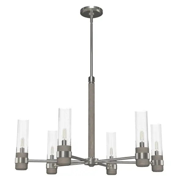 A classic is reimagined in the River Mill 6 light chandelier. With rustic charm and a modern edge, you will delight in the glow of this fixture. The balance of metal, seeded glass, and wood-inspired finishes harken to a modern mountain lodge. Spread the charm throughout your home with other lights from the River Mill collection. Rated for indoor use only Requires 6 E12 bulbs. Bulbs not included. MADE FOR INDOORS: For use in indoor spaces like kitchens, bedrooms, living rooms, dining rooms, and entryways. BULB RECOMMENDATION: Maximum 60 W per light bulb or equivalent LED bulb. Bulbs not included. PICTURED HERE: Match our image using T6 Tubular light bulbs. CUSTOMIZABLE HANGING OPTIONS: With the minimum required downrod, the hanging length is 28.75 inches. When using all of the included downrod, the maximum hanging length is 76.75 inches. WARRANTY: One-year limited warranty backed by the trusted experts at Hunter. - alternate view