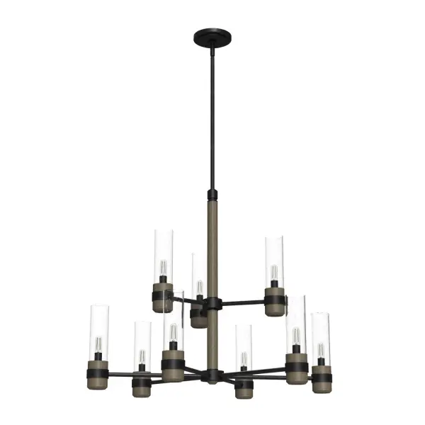 The two-tiered multiple-light River Mill chandelier is a picture of rustic elegance. The wood-inspired metal and glass combine to create a balance of rustic charm and sleek modern design. Place this fixture in your living space, dining room, or your bedroom and enjoy the brightness of the light or dim it to your mood. Spread the charm throughout your home with other lights from the River Mill collection. Rated for indoor use only Requires 9 E12 bulbs. Bulbs not included. MADE FOR INDOORS: For use in indoor spaces like kitchens, bedrooms, living rooms, dining rooms, and entryways. BULB RECOMMENDATION: Maximum 60 W per light bulb or equivalent LED bulb. Bulbs not included. PICTURED HERE: Match our image using T6 Tubular light bulbs. CUSTOMIZABLE HANGING OPTIONS: With the minimum required downrod, the hanging length is 37.5 inches. When using all of the included downrod, the maximum hanging length is 86.75 inches. WARRANTY: One-year limited warranty backed by the trusted experts at Hunter.