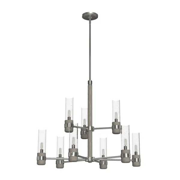 The two-tiered multiple-light River Mill chandelier is a picture of rustic elegance. The wood-inspired metal and glass combine to create a balance of rustic charm and sleek modern design. Place this fixture in your living space, dining room, or your bedroom and enjoy the brightness of the light or dim it to your mood. Spread the charm throughout your home with other lights from the River Mill collection. Rated for indoor use only Requires 9 E12 bulbs. Bulbs not included. MADE FOR INDOORS: For use in indoor spaces like kitchens, bedrooms, living rooms, dining rooms, and entryways. BULB RECOMMENDATION: Maximum 60 W per light bulb or equivalent LED bulb. Bulbs not included. PICTURED HERE: Match our image using T6 Tubular light bulbs. CUSTOMIZABLE HANGING OPTIONS: With the minimum required downrod, the hanging length is 37.5 inches. When using all of the included downrod, the maximum hanging length is 86.75 inches. WARRANTY: One-year limited warranty backed by the trusted experts at Hunter. - alternate view