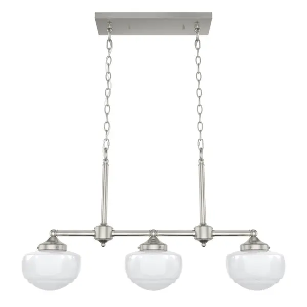 A modern spin on schoolhouse style, the Saddle Creek linear chandelier could perfectly complement your kitchen, dining room, or home office. Brighten up your breakfast nook or keep dinner conversations lit with this contemporary take on a classic design. The choice of metal finish offsets the fixture's trio of globes, available in cased white or clear seeded glass. Mix and match with other fixtures from this collection or from our ceiling fan designs. Rated for indoor use only Requires 3 E26 bulbs. Bulbs not included. MADE FOR INDOORS: For use in indoor spaces like kitchens, bedrooms, living rooms, dining rooms, and entryways. BULB RECOMMENDATION: Maximum 60 W per light bulb or equivalent LED bulb. Bulbs not included. CUSTOMIZABLE HANGING OPTIONS: With the minimum required chain, the hanging length is 25.5 inches. When using all of the included chain, the maximum hanging length is 98.75 inches. WARRANTY: One-year limited warranty backed by the trusted experts at Hunter.