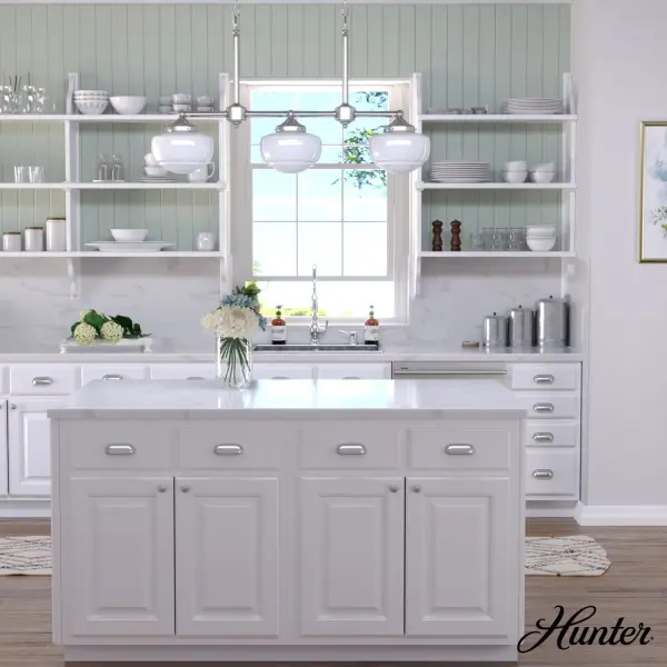 A modern spin on schoolhouse style, the Saddle Creek linear chandelier could perfectly complement your kitchen, dining room, or home office. Brighten up your breakfast nook or keep dinner conversations lit with this contemporary take on a classic design. The choice of metal finish offsets the fixture's trio of globes, available in cased white or clear seeded glass. Mix and match with other fixtures from this collection or from our ceiling fan designs. Rated for indoor use only Requires 3 E26 bulbs. Bulbs not included. MADE FOR INDOORS: For use in indoor spaces like kitchens, bedrooms, living rooms, dining rooms, and entryways. BULB RECOMMENDATION: Maximum 60 W per light bulb or equivalent LED bulb. Bulbs not included. CUSTOMIZABLE HANGING OPTIONS: With the minimum required chain, the hanging length is 25.5 inches. When using all of the included chain, the maximum hanging length is 98.75 inches. WARRANTY: One-year limited warranty backed by the trusted experts at Hunter. - alternate view
