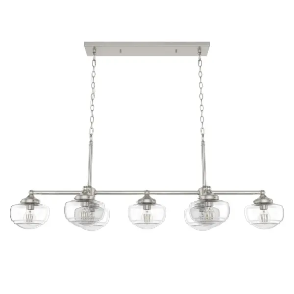 With its modern take on schoolhouse style, the Saddle Creek linear chandelier might be the perfect fixture for your home's dining room or kitchen. Artfully arranged glass globes offset the chandelier's simple metal finish, creating a piece elegant enough to accent a formal dining room yet casual enough for a kitchen island. The Saddle Creek offers a fresh look at a classic design. Rated for indoor use only Requires 7 E26 bulbs. Bulbs not included. MADE FOR INDOORS: For use in indoor spaces like kitchens, bedrooms, living rooms, dining rooms, and entryways. BULB RECOMMENDATION: Maximum 60 W per light bulb or equivalent LED bulb. Bulbs not included. PICTURED HERE: Match our image using ST64 Edison light bulbs. CUSTOMIZABLE HANGING OPTIONS: With the minimum required chain, the hanging length is 23.5 inches. When using all of the included chain, the maximum hanging length is 96.75 inches. WARRANTY: One-year limited warranty backed by the trusted experts at Hunter.
