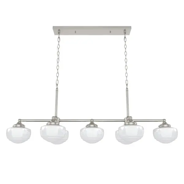 With its modern take on schoolhouse style, the Saddle Creek linear chandelier might be the perfect fixture for your home's dining room or kitchen. Artfully arranged glass globes offset the chandelier's simple metal finish, creating a piece elegant enough to accent a formal dining room yet casual enough for a kitchen island. The Saddle Creek offers a fresh look at a classic design. Rated for indoor use only Requires 7 E26 bulbs. Bulbs not included. MADE FOR INDOORS: For use in indoor spaces like kitchens, bedrooms, living rooms, dining rooms, and entryways. BULB RECOMMENDATION: Maximum 60 W per light bulb or equivalent LED bulb. Bulbs not included. CUSTOMIZABLE HANGING OPTIONS: With the minimum required chain, the hanging length is 23.5 inches. When using all of the included chain, the maximum hanging length is 96.75 inches. WARRANTY: One-year limited warranty backed by the trusted experts at Hunter.