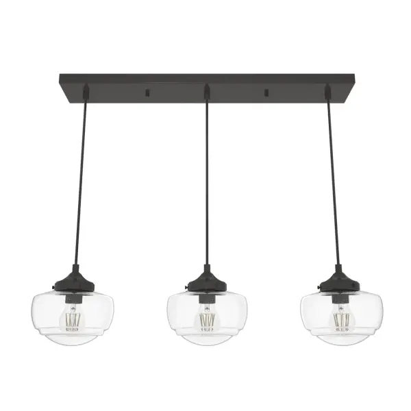 Offering an elevated take on schoolhouse style, the Saddle Creek linear cluster is designed to introduce some wow factor into your living room, great room, or study. The vintage style of the illuminating globes are balanced by the fixture's subtle metal finish and fittings. A decorative ceiling canopy is a crowning touch on this stylish new traditional centerpiece. Mix and match with other fixtures from this collection or from our ceiling fan designs. Rated for indoor use only Requires 3 E26 bulbs. Bulbs not included. MADE FOR INDOORS: For use in indoor spaces like kitchens, bedrooms, living rooms, dining rooms, and entryways. BULB RECOMMENDATION: Maximum 60 W per light bulb or equivalent LED bulb. Bulbs not included. PICTURED HERE: Match our image using A19 Standard light bulbs. CUSTOMIZABLE HANGING OPTIONS: With the minimum required cord, the hanging length is 9 inches. When using all of the included cord, the maximum hanging length is 129 inches. WARRANTY: One-year limited warranty backed by the trusted experts at Hunter.