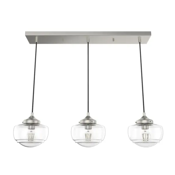 Offering an elevated take on schoolhouse style, the Saddle Creek linear cluster is designed to introduce some wow factor into your living room, great room, or study. The vintage style of the illuminating globes are balanced by the fixture's subtle metal finish and fittings. A decorative ceiling canopy is a crowning touch on this stylish new traditional centerpiece. Mix and match with other fixtures from this collection or from our ceiling fan designs. Rated for indoor use only Requires 3 E26 bulbs. Bulbs not included. MADE FOR INDOORS: For use in indoor spaces like kitchens, bedrooms, living rooms, dining rooms, and entryways. BULB RECOMMENDATION: Maximum 60 W per light bulb or equivalent LED bulb. Bulbs not included. PICTURED HERE: Match our image using A19 Standard light bulbs. CUSTOMIZABLE HANGING OPTIONS: With the minimum required cord, the hanging length is 9 inches. When using all of the included cord, the maximum hanging length is 129 inches. WARRANTY: One-year limited warranty backed by the trusted experts at Hunter. - alternate view