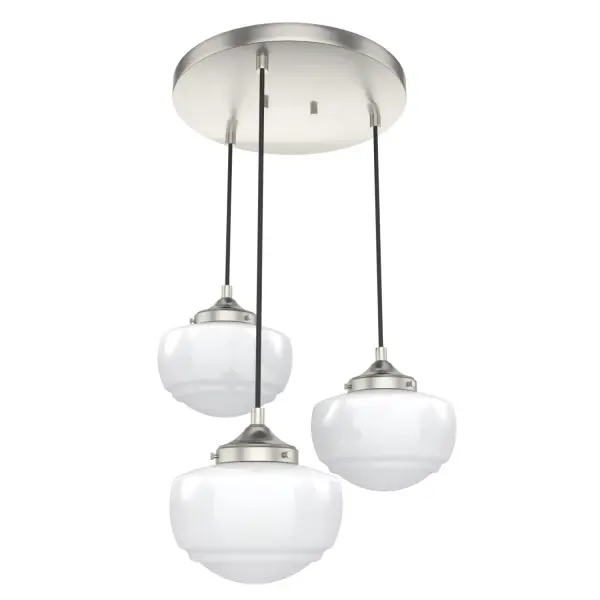Offering an elevated take on schoolhouse style, the Saddle Creek round cluster is designed to introduce some wow factor into your living room, great room or breakfast nook. The vintage-style of the illuminating globes are balanced by the fixture's subtle metal finish and fittings. A decorative ceiling canopy is the crowning touch on this stylish new traditional centerpiece. Rated for indoor use only Requires 3 E26 bulbs. Bulbs not included. MADE FOR INDOORS: For use in indoor spaces like kitchens, bedrooms, living rooms, dining rooms, and entryways. BULB RECOMMENDATION: Maximum 60 W per light bulb or equivalent LED bulb. Bulbs not included. CUSTOMIZABLE HANGING OPTIONS: With the minimum required cord, the hanging length is 9 inches. When using all of the included cord, the maximum hanging length is 129 inches. WARRANTY: One-year limited warranty backed by the trusted experts at Hunter.