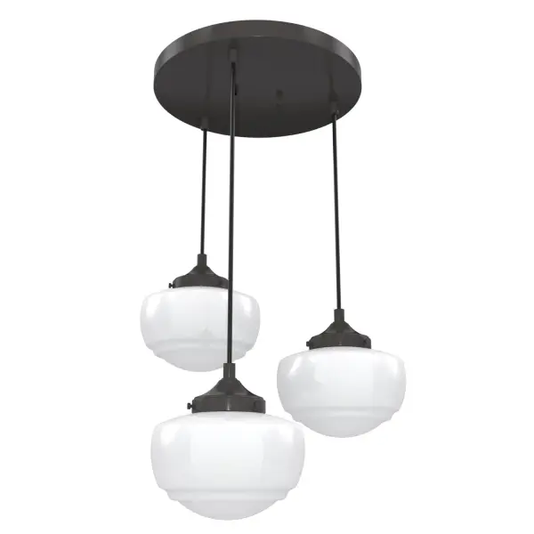 Offering an elevated take on schoolhouse style, the Saddle Creek round cluster is designed to introduce some wow factor into your living room, great room or breakfast nook. The vintage-style of the illuminating globes are balanced by the fixture's subtle metal finish and fittings. A decorative ceiling canopy is the crowning touch on this stylish new traditional centerpiece. Rated for indoor use only Requires 3 E26 bulbs. Bulbs not included. MADE FOR INDOORS: For use in indoor spaces like kitchens, bedrooms, living rooms, dining rooms, and entryways. BULB RECOMMENDATION: Maximum 60 W per light bulb or equivalent LED bulb. Bulbs not included. CUSTOMIZABLE HANGING OPTIONS: With the minimum required cord, the hanging length is 9 inches. When using all of the included cord, the maximum hanging length is 129 inches. WARRANTY: One-year limited warranty backed by the trusted experts at Hunter. - alternate view