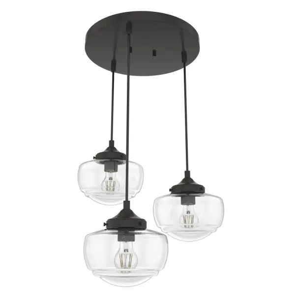 Offering an elevated take on schoolhouse style, the Saddle Creek round cluster is designed to introduce some wow factor into your living room, great room or breakfast nook. The vintage-style of the illuminating globes are balanced by the fixture's subtle metal finish and fittings. A decorative ceiling canopy is the crowning touch on this stylish new traditional centerpiece. Rated for indoor use only Requires 3 E26 bulbs. Bulbs not included. MADE FOR INDOORS: For use in indoor spaces like kitchens, bedrooms, living rooms, dining rooms, and entryways. BULB RECOMMENDATION: Maximum 60 W per light bulb or equivalent LED bulb. Bulbs not included. PICTURED HERE: Match our image using A19 Standard light bulbs. CUSTOMIZABLE HANGING OPTIONS: With the minimum required cord, the hanging length is 9 inches. When using all of the included cord, the maximum hanging length is 129 inches. WARRANTY: One-year limited warranty backed by the trusted experts at Hunter.
