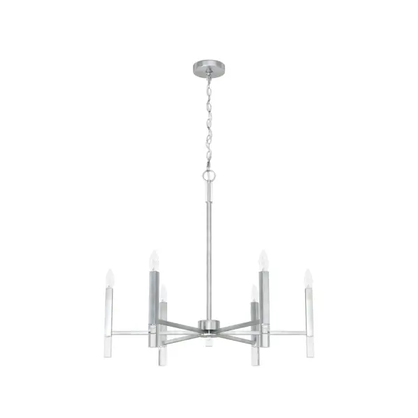 Your guests will be drawn to the beauty of the Sunjai chandelier. The perfect modern accent to your home's living or dining room, your guests will be entertained by your style. Pairing modern simplicity with elegant design and chic sparkling accents, the Sunjai chandelier is a wonderful way to light up your living space without overwhelming your home's existing decor. Upgrade your aesthetic with the Sunjai. Rated for indoor use only Requires 6 E12 bulbs. Bulbs not included. Formal Modern Down Mount Only MADE FOR INDOORS: For use in indoor spaces like kitchens, bedrooms, living rooms, dining rooms, and entryways. BULB RECOMMENDATION: Maximum 60 W per light bulb or equivalent LED bulb. Bulbs not included. PICTURED HERE: Match our image using 6 B10 Candle light bulbs. CUSTOMIZABLE HANGING OPTIONS: With the minimum required chain, the hanging length is 33 inches. When using all of the included chain, the maximum hanging length is 69 inches. MODERN: The clean lines of the modern style uses a monochromatic color palette the inspires with clean lines, minimalism, natural materials, and natural light. WARRANTY: One-year limited warranty backed by the trusted experts at Hunter.