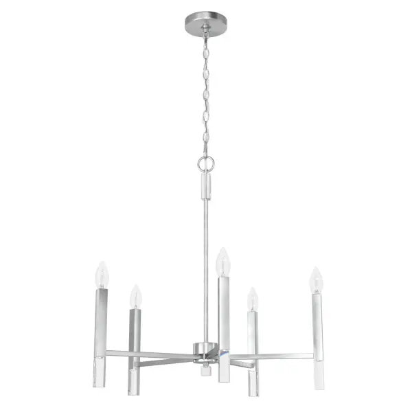 A bright and beautiful beginning awaits the moment anyone enters your home under the light of the Sunjai chandelier. The perfect accessory for your foyer, hallway, or dining room, this chandelier's bright, clean lines beautifully complement the fixture's soft, warming glow. The design's overarching simplicity means the Sunjai can seamlessly transition into your home's existing aesthetic. Add an air of tranquility with the Sunjai. Rated for indoor use only Requires 5 E12 bulbs. Bulbs not included. MADE FOR INDOORS: For use in indoor spaces like kitchens, bedrooms, living rooms, dining rooms, and entryways. BULB RECOMMENDATION: Maximum 60 W per light bulb or equivalent LED bulb. Bulbs not included. PICTURED HERE: Match our image using B10 Candle light bulbs. CUSTOMIZABLE HANGING OPTIONS: With the minimum required chain, the hanging length is 31 inches. When using all of the included chain, the maximum hanging length is 64.5 inches. WARRANTY: One-year limited warranty backed by the trusted experts at Hunter.