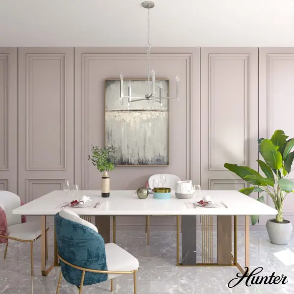A bright and beautiful beginning awaits the moment anyone enters your home under the light of the Sunjai chandelier. The perfect accessory for your foyer, hallway, or dining room, this chandelier's bright, clean lines beautifully complement the fixture's soft, warming glow. The design's overarching simplicity means the Sunjai can seamlessly transition into your home's existing aesthetic. Add an air of tranquility with the Sunjai. Rated for indoor use only Requires 5 E12 bulbs. Bulbs not included. MADE FOR INDOORS: For use in indoor spaces like kitchens, bedrooms, living rooms, dining rooms, and entryways. BULB RECOMMENDATION: Maximum 60 W per light bulb or equivalent LED bulb. Bulbs not included. PICTURED HERE: Match our image using B10 Candle light bulbs. CUSTOMIZABLE HANGING OPTIONS: With the minimum required chain, the hanging length is 31 inches. When using all of the included chain, the maximum hanging length is 64.5 inches. WARRANTY: One-year limited warranty backed by the trusted experts at Hunter. - alternate view