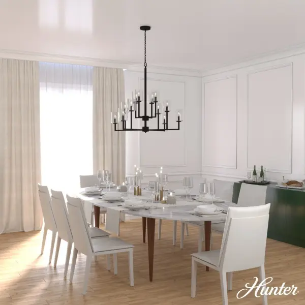 The Kerrison delivers dramatic scale and modern sophistication with its 40.5-inch span and 12 seeded glass shades. The natural black iron finish brings industrial edge while maintaining timeless elegance, making it a showstopper for large dining rooms and entryways. - alternate view