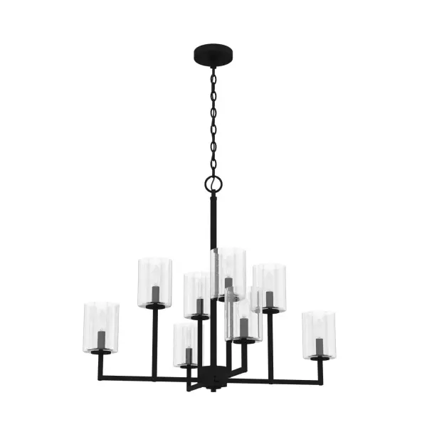 The Kerrison chandelier is a fantastic accessory to refresh the lighting in your home. Imagine dining under the light of this eye-catching chandelier. Our designers have combined metal and glass to construct this geometric showstopper. Clean lines and clear glass shades make this fixture great for transitional decor. Mix and match with other fixtures from this collection or from our ceiling fan designs. Rated for indoor use only Requires 8 E12 bulbs. Bulbs not included. MADE FOR INDOORS: For use in indoor spaces like kitchens, bedrooms, living rooms, dining rooms, and entryways. BULB RECOMMENDATION: Maximum 60 W per light bulb or equivalent LED bulb. Bulbs not included. PICTURED HERE: Match our image using B10 Candle light bulbs. CUSTOMIZABLE HANGING OPTIONS: With the minimum required chain, the hanging length is 28.25 inches. When using all of the included chain, the maximum hanging length is 100.25 inches. WARRANTY: One-year limited warranty backed by the trusted experts at Hunter.