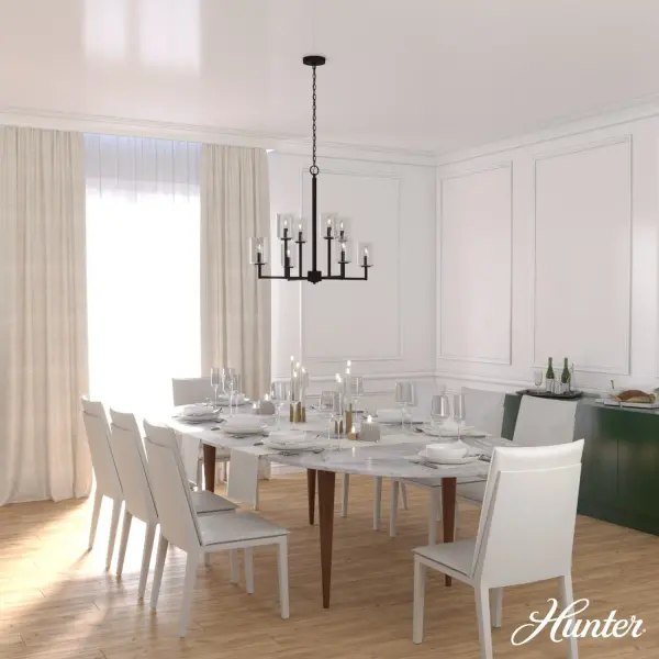 The Kerrison chandelier combines clean geometric lines with seeded glass shades for a striking focal point. Its 30.5-inch width makes it perfectly sized for medium dining spaces, while the natural black iron finish adds industrial character. - alternate view