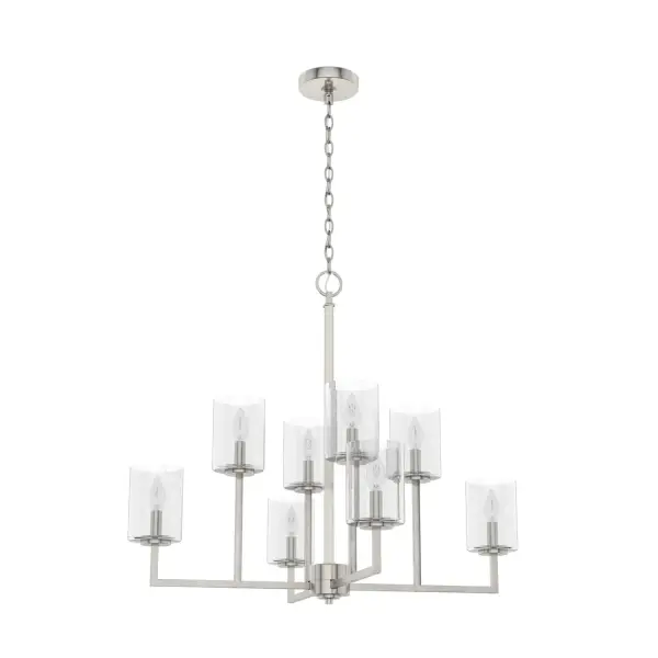 The Kerrison chandelier is a fantastic accessory to refresh the lighting in your home. Imagine dining under the light of this eye-catching chandelier. Our designers have combined metal and glass to construct this geometric showstopper. Clean lines and clear glass shades make this fixture great for transitional decor. Mix and match with other fixtures from this collection or from our ceiling fan designs. Rated for indoor use only Requires 8 E12 bulbs. Bulbs not included. MADE FOR INDOORS: For use in indoor spaces like kitchens, bedrooms, living rooms, dining rooms, and entryways. BULB RECOMMENDATION: Maximum 60 W per light bulb or equivalent LED bulb. Bulbs not included. PICTURED HERE: Match our image using B10 Candle light bulbs. CUSTOMIZABLE HANGING OPTIONS: With the minimum required chain, the hanging length is 28.25 inches. When using all of the included chain, the maximum hanging length is 100.25 inches. WARRANTY: One-year limited warranty backed by the trusted experts at Hunter.