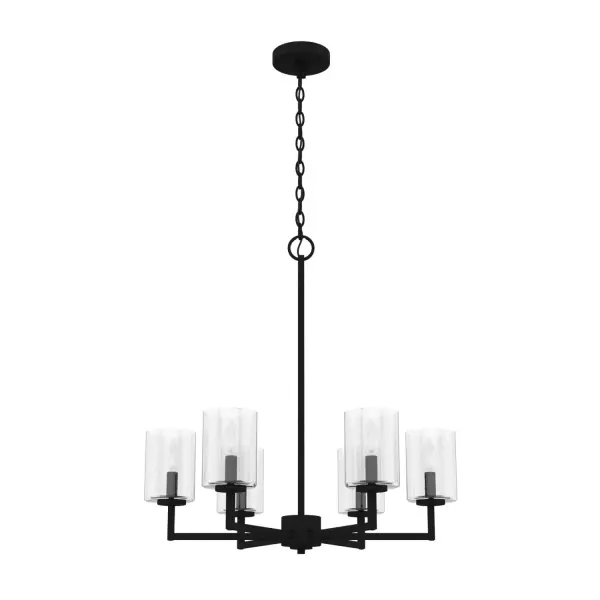 The transitional, modern style of this metal chandelier with geometric details and glass shades adds a modern grace to your space. Light up the nights as you enjoy dinner under the glow of the Kerrison chandelier. If you love modern touches, check out our whole collection of Kerrison lighting to finish all the rooms in your home. Mix and match with fans from our ceiling fan collections to fully finish your space. Rated for indoor use only Requires 6 E12 bulbs. Bulbs not included. MADE FOR INDOORS: For use in indoor spaces like kitchens, bedrooms, living rooms, dining rooms, and entryways. BULB RECOMMENDATION: Maximum 60 W per light bulb or equivalent LED bulb. Bulbs not included. PICTURED HERE: Match our image using B10 Candle light bulbs. CUSTOMIZABLE HANGING OPTIONS: With the minimum required chain, the hanging length is 28.25 inches. When using all of the included chain, the maximum hanging length is 100.25 inches. WARRANTY: One-year limited warranty backed by the trusted experts at Hunter.