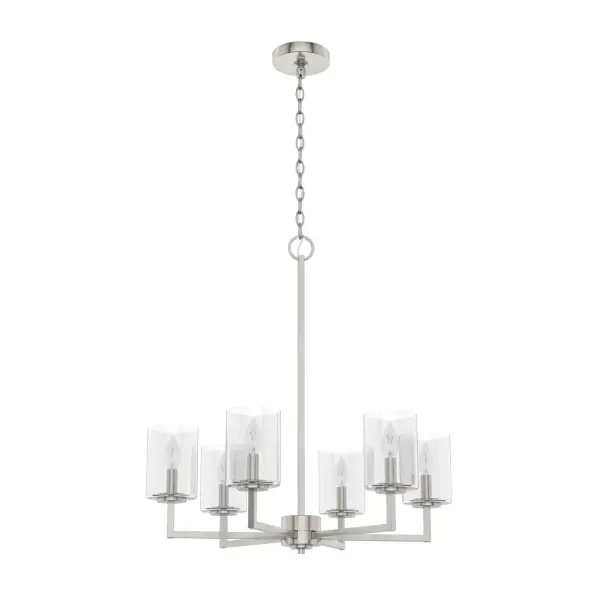 The transitional, modern style of this metal chandelier with geometric details and glass shades adds a modern grace to your space. Light up the nights as you enjoy dinner under the glow of the Kerrison chandelier. If you love modern touches, check out our whole collection of Kerrison lighting to finish all the rooms in your home. Mix and match with fans from our ceiling fan collections to fully finish your space. Rated for indoor use only Requires 6 E12 bulbs. Bulbs not included. MADE FOR INDOORS: For use in indoor spaces like kitchens, bedrooms, living rooms, dining rooms, and entryways. BULB RECOMMENDATION: Maximum 60 W per light bulb or equivalent LED bulb. Bulbs not included. PICTURED HERE: Match our image using B10 Candle light bulbs. CUSTOMIZABLE HANGING OPTIONS: With the minimum required chain, the hanging length is 28.25 inches. When using all of the included chain, the maximum hanging length is 100.25 inches. WARRANTY: One-year limited warranty backed by the trusted experts at Hunter. - alternate view