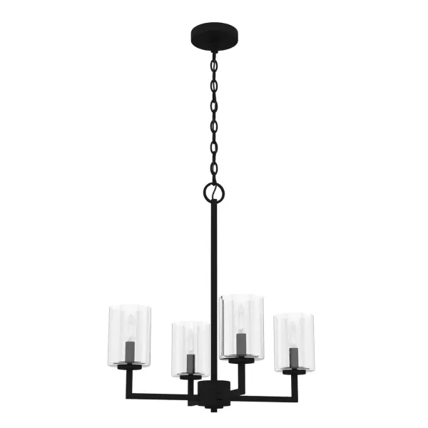 Morning or night, this light fixture sets a mood. This Kerrison chandelier's elegant style and balance evoke a tranquil aesthetic, while the combination of metal and seeded glass adds a modern edge. The Kerrison adds avant-garde style to your breakfast nook or dining space. Pair it with other lights in the Kerrison collection for a cohesive look throughout your home. Rated for indoor use only Requires 4 E12 bulbs. Bulbs not included. MADE FOR INDOORS: For use in indoor spaces like kitchens, bedrooms, living rooms, dining rooms, and entryways. BULB RECOMMENDATION: Maximum 60 W per light bulb or equivalent LED bulb. Bulbs not included. PICTURED HERE: Match our image using B10 Candle light bulbs. CUSTOMIZABLE HANGING OPTIONS: With the minimum required chain, the hanging length is 24.75 inches. When using all of the included chain, the maximum hanging length is 96.75 inches. WARRANTY: One-year limited warranty backed by the trusted experts at Hunter.