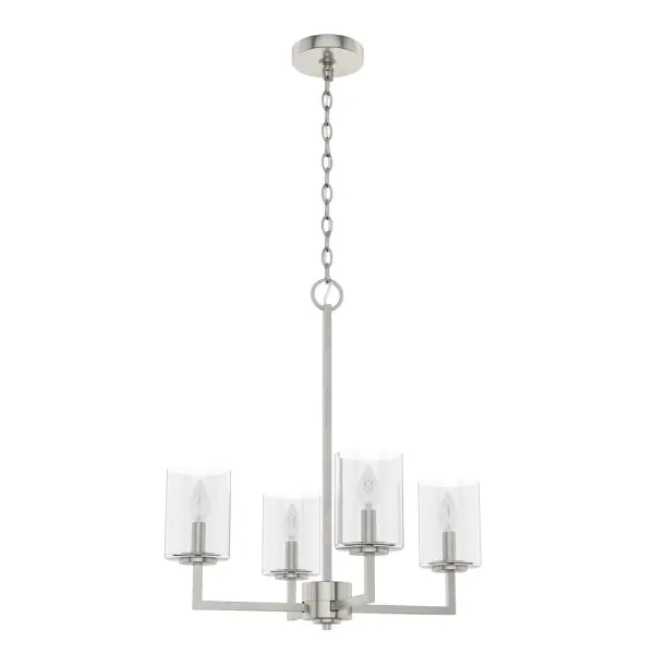 Morning or night, this light fixture sets a mood. This Kerrison chandelier's elegant style and balance evoke a tranquil aesthetic, while the combination of metal and seeded glass adds a modern edge. The Kerrison adds avant-garde style to your breakfast nook or dining space. Pair it with other lights in the Kerrison collection for a cohesive look throughout your home. Rated for indoor use only Requires 4 E12 bulbs. Bulbs not included. MADE FOR INDOORS: For use in indoor spaces like kitchens, bedrooms, living rooms, dining rooms, and entryways. BULB RECOMMENDATION: Maximum 60 W per light bulb or equivalent LED bulb. Bulbs not included. PICTURED HERE: Match our image using B10 Candle light bulbs. CUSTOMIZABLE HANGING OPTIONS: With the minimum required chain, the hanging length is 24.75 inches. When using all of the included chain, the maximum hanging length is 96.75 inches. WARRANTY: One-year limited warranty backed by the trusted experts at Hunter.