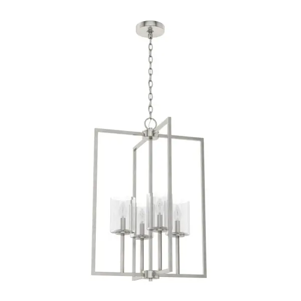 The geometric shape of metal and seeded glass of the Kerrison pendant combine to add a unique design to your foyer. This fixture offers a welcoming glow to all who enter. Spread the light throughout your home with other lights from the Kerrison collection. Mix and match with fans from our ceiling fan collections to fully finish your space. Rated for indoor use only Requires 4 E12 bulbs. Bulbs not included. MADE FOR INDOORS: For use in indoor spaces like kitchens, bedrooms, living rooms, dining rooms, and entryways. BULB RECOMMENDATION: Maximum 60 W per light bulb or equivalent LED bulb. Bulbs not included. PICTURED HERE: Match our image using B10 Candle light bulbs. CUSTOMIZABLE HANGING OPTIONS: With the minimum required chain, the hanging length is 29 inches. When using all of the included chain, the maximum hanging length is 173 inches. WARRANTY: One-year limited warranty backed by the trusted experts at Hunter.