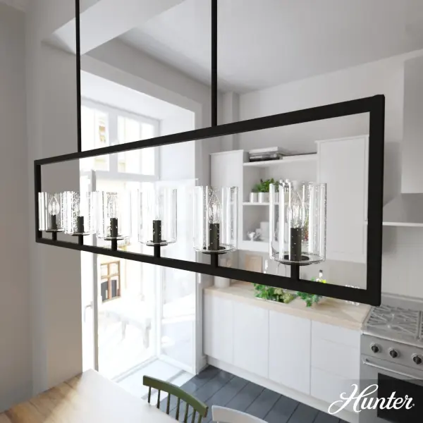 The Kerrison chandelier masterfully blends farmhouse charm with modern geometric design. Its 48-inch linear profile and seeded glass shades create visual interest while providing ample illumination for dining and kitchen spaces. - alternate view