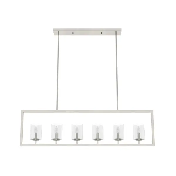 Make your evenings sparkle with the Kerrison 6 light chandelier over your dining table or island counter and make every moment an event. The seeded glass and geometric shape add a sophisticated modern edge to farmhouse design. Turn up the style with other lights from the Kerrison collection. Rated for indoor use only Requires 6 E12 bulbs. Bulbs not included. Requires 6 E12 bulbs. Bulbs not included. MADE FOR INDOORS: For use in indoor spaces like kitchens, bedrooms, living rooms, dining rooms, and entryways. BULB RECOMMENDATION: Maximum 60 W per light bulb or equivalent LED bulb. Bulbs not included. PICTURED HERE: Match our image using B10 Candle light bulbs. CUSTOMIZABLE HANGING OPTIONS: With the minimum required downrod, the hanging length is 20.25 inches. When using all of the included downrod, the maximum hanging length is 68.5 inches. WARRANTY: One-year limited warranty backed by the trusted experts at Hunter.